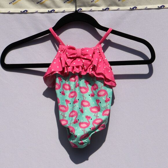 Gymboree One Piece Swimsuit 6 to 12 months Flamingos w/ Pink Bow, Polka Dots - Picture 1 of 5